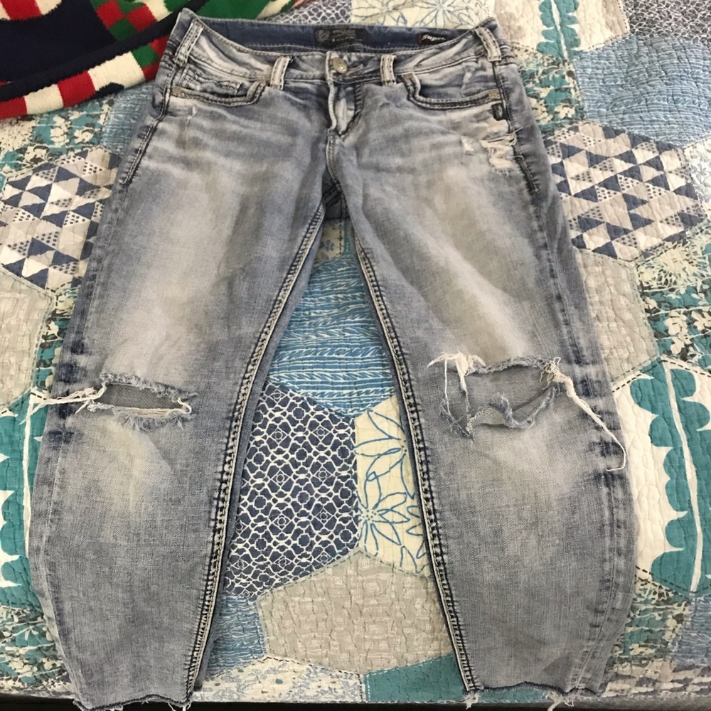 Distressed(by manufacturer) Silver Cut-Off Jeans